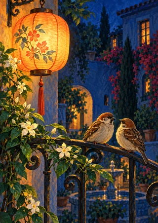 Two brown sparrows on an iron balcony rail beside a glowing patterned lantern and flowering vines in a blue courtyard.