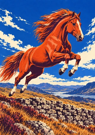 Chestnut-orange horse leaping over a low stone wall on a rocky hillside, with mountains, water, and ultramarine sky behind it.