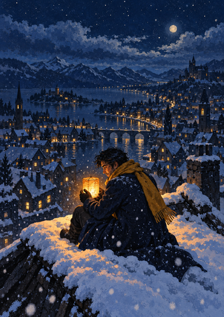 Seated adult traveler in a dark coat and saffron scarf holding a glowing lantern above a snow-covered town at night.