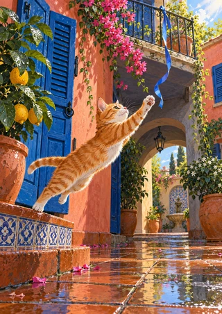 Orange tabby cat leaping toward a dangling blue ribbon in a sunlit courtyard with blue shutters, pink flowers, citrus foliage, and wet terracotta tiles.