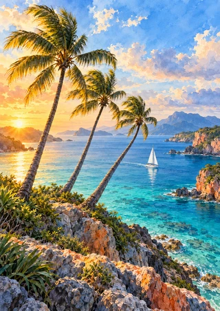 Three leaning palms above a turquoise bay with a white sailboat, rocky shore, coral cliffs, distant islands, and warm light.