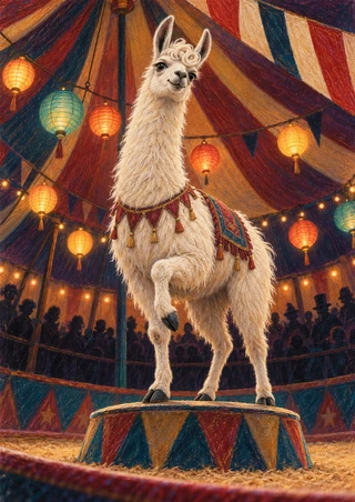 White llama with a raised foreleg balancing on a decorated platform beneath lanterns inside a colorful circus tent.