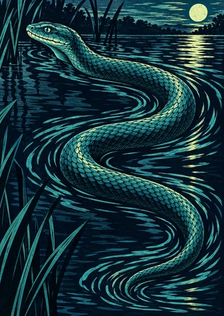 Teal-scaled snake swimming in an S-curve through dark moonlit water, framed by reeds and turquoise ripples.