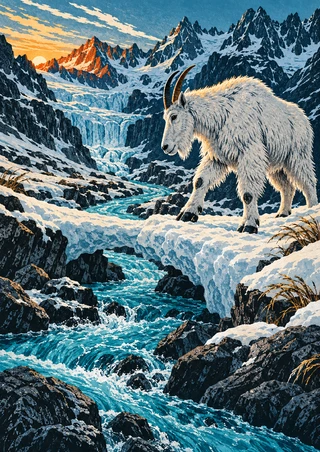 Shaggy, long-horned mountain goat standing on a snowy rocky ledge above a turquoise glacial stream, with a distant icefall and orange dawn light on the ridge.