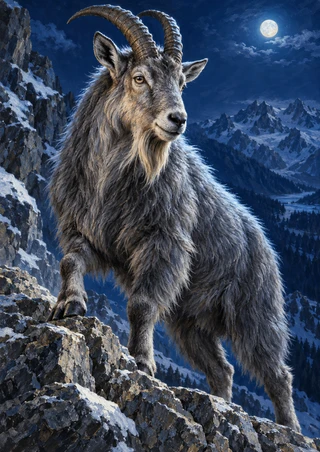 Shaggy gray mountain goat standing among angular rocks in a dark blue alpine valley, with a bright moon and distant mountains behind it.