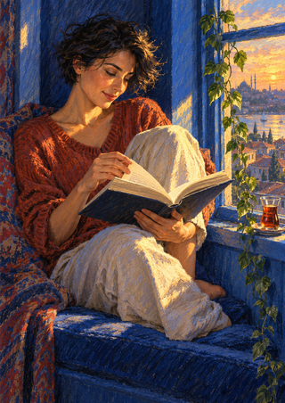 Woman reading an open book in a deep blue window alcove, lit by warm sunlight, with tea, a trailing vine, and a city-and-water view.