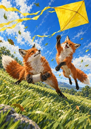 Two red-orange foxes play with a large yellow kite in a sunny green meadow beneath a blue sky.