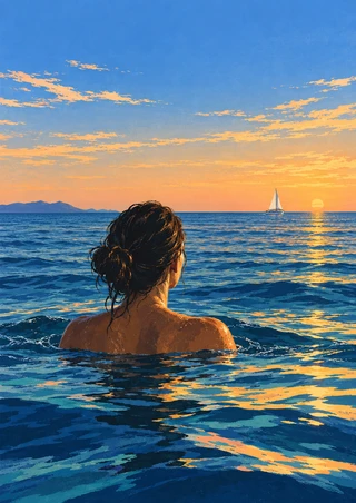Back-view swimmer in blue sea looking toward a small white sailboat beneath an apricot-gold sunset.