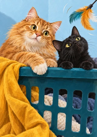 Ginger tabby and black cat peeking over a teal laundry basket toward a feather toy, with yellow cloth spilling over the edge.