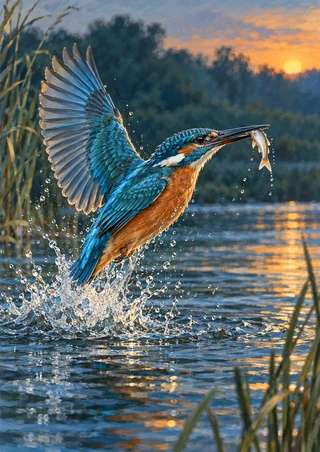 Blue-and-copper kingfisher rising from water with a fish in its bill, amid a splash, reeds, and warm reflections.