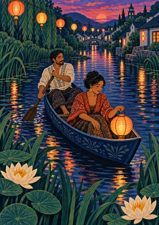 Two people in a patterned indigo canoe on a canal at dusk, surrounded by glowing lanterns and water reflections.
