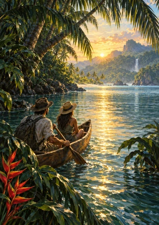 Two travelers sit in a wooden canoe on a tropical river, with palms, red heliconia, low hills, and a distant waterfall.