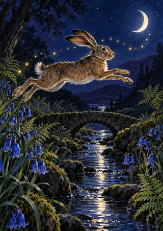 Hare leaping above a moonlit stream toward a crescent moon, with fireflies, a stone bridge, bluebells, and ferns.