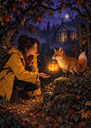 A woman in a saffron-yellow coat faces a fox carrying a glowing pumpkin lantern in a dark orchard, with a greenhouse in the distance.