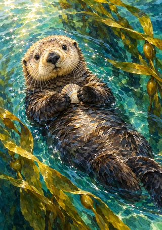 Sea otter floating on its back and holding a ridged shell against its chest in green-blue water among kelp, bubbles, and sunlit ripples.