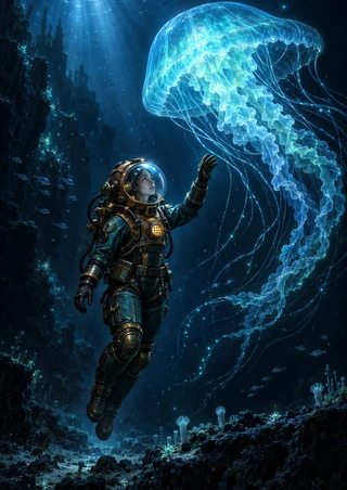 Helmeted diver reaches toward a large glowing cyan jellyfish above a dark rocky seafloor, with small marine life and particles in the water.
