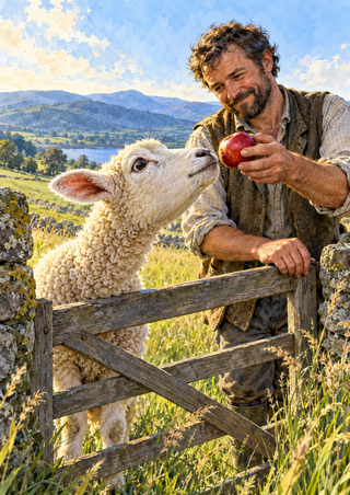 An adult shepherd holds a red apple near a curious white lamb behind a wooden gate, with tall grass and blue-green hills beyond.