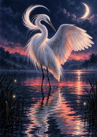 White heron-like bird standing in reflective indigo water with one wing lifted and a pale feather plume curling behind its head, beneath a crescent moon.