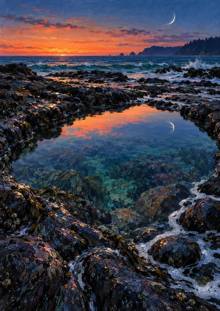 Rocky tidal pool reflecting an apricot sunset and crescent moon, with foamy edges, waves and a distant wooded headland.