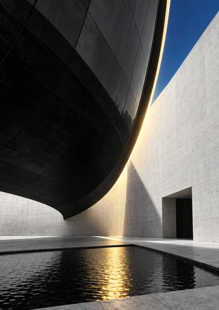 Modernist courtyard with a sweeping dark curved canopy, pale walls, square doorway, and reflecting pool catching a golden streak of light.