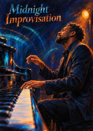 Adult pianist at a grand piano, one hand on the keyboard and the other raised, with blue reflections, amber lighting, and “Midnight Improvisation” lettering.