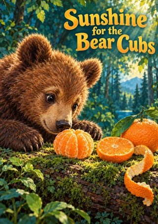 A fluffy brown bear cub leans over a mossy log toward peeled citrus, beside a whole fruit and curled peel; gold lettering reads “Sunshine for the Bear Cubs.”