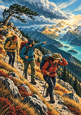 Three hikers with packs and walking poles cross a diagonal rocky mountain path as clouds stream over layered peaks and a turquoise valley.