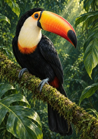 Black-bodied toucan with an ivory throat and yellow-orange bill perched on a moss-covered branch among tropical leaves.