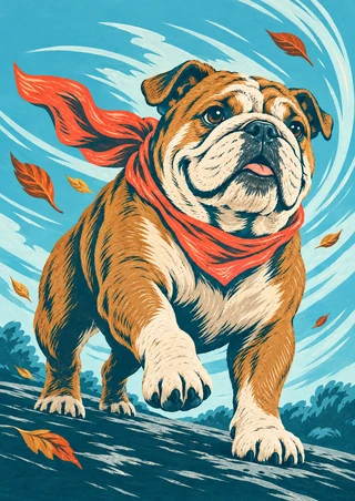 Tawny bulldog with a coral bandana strides through turquoise gusts as autumn leaves blow around it.