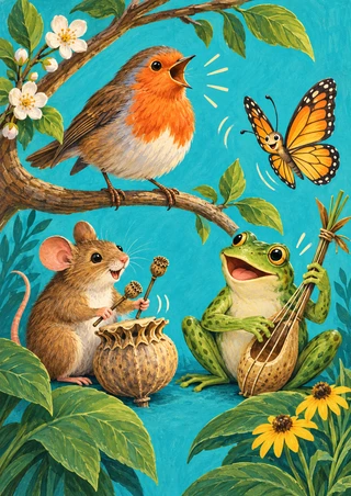 Robin singing from a branch above a field mouse with seed-pod percussion, a frog holding a stringed instrument, and a hovering butterfly.