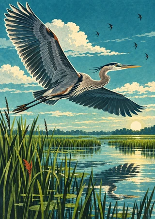 A blue-gray heron flies low over reflective marsh water and reeds as small birds cross the sky near the setting sun.