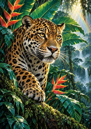 A spotted jaguar with amber eyes rests a forepaw on a mossy branch amid dense green tropical leaves and red-orange flowers.