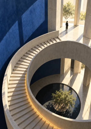 A pale concrete spiral staircase curves around a planted courtyard opening, with a small figure on a sunlit landing and deep blue walls.