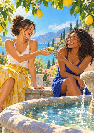Two smiling women share a cut lime beside a stone fountain under leafy citrus branches, with a blue coastal landscape in the distance.