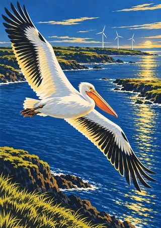 A white pelican with wings outstretched glides over a blue coastal inlet, with three distant wind turbines and rocky headlands.