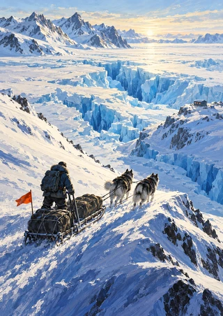 A bundled expedition figure and two dogs pull a sledge across a snowy ridge toward a blue crevasse and distant hut.