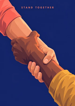 Two forearms clasp in support against an indigo background, with “STAND TOGETHER” in small coral letters above.