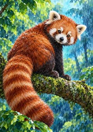 A red panda looks back from a moss-covered branch, its ringed russet tail sweeping across rain-wet green foliage.