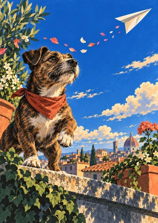 Brindle terrier in a rust-red bandana looking up at a paper glider above rooftop plants and a distant city skyline.