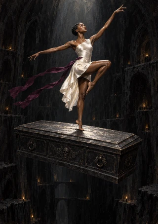 Woman in an ivory flowing dress dancing atop a dark ornate coffin-like sarcophagus in a shadowy cavern.