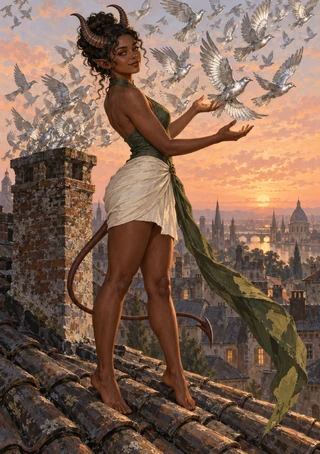 Horned, dark-haired fantasy woman with a long tail surrounded by pale birds above a tiled city rooftop at sunset.