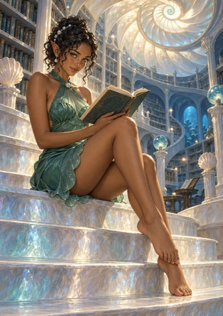 Pointed-eared woman reading an open book on pale steps in a luminous shell-inspired library with curved bookshelves.