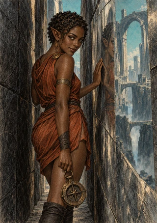 A pointed-eared woman in rust-colored clothing touches a reflective wall and holds a round compass-like instrument beside ruined arches.