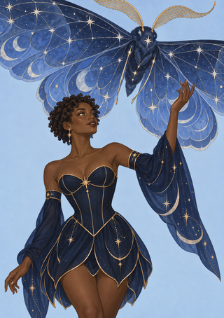 Woman in a navy and gold dress reaching toward a large blue moth patterned with stars, crescent moons and gold lines.