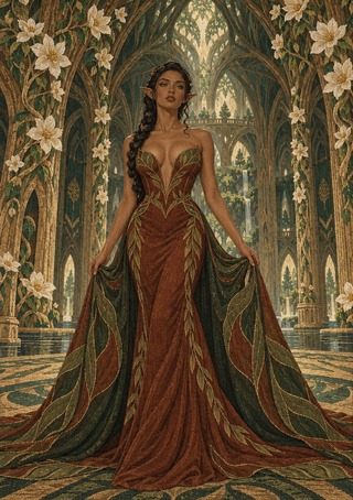 Pointed-eared woman in a rust-red leaf-patterned gown surrounded by cream flowers and tall branching arches.