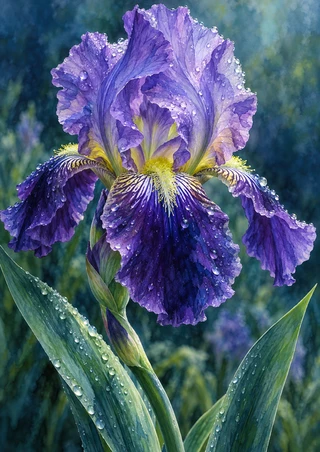 Close view of a rain-beaded violet and indigo bearded iris with a bright yellow-green beard and long green leaves.