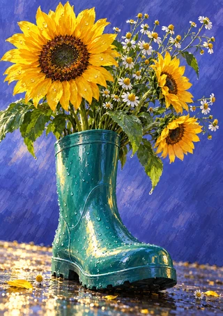 Several yellow sunflowers and small white flowers arranged in a glossy teal rain boot on a reflective surface against violet-blue.
