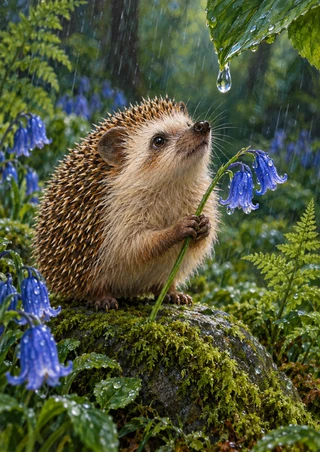 Hedgehog holding a bluebell stem on a mossy stone, looking toward a hanging raindrop beneath a leaf among ferns.