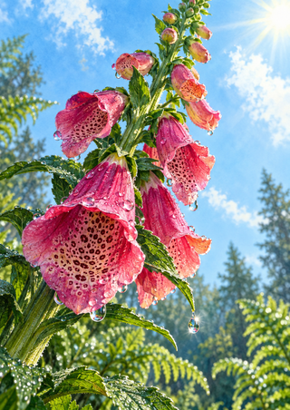 Close-up of rain-dotted pink and raspberry foxglove bells on a tall green stalk against a sunlit blue sky.