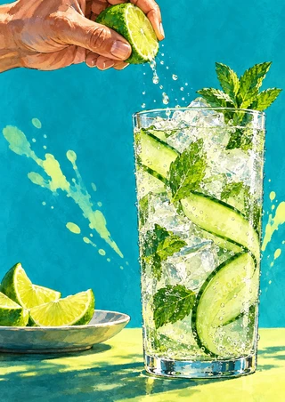 A hand squeezes a lime above a tall glass of cucumber mint cooler with ice, bubbles and lime wedges against a turquoise background.